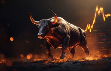 Fiery bull charging, stock market graph rising.