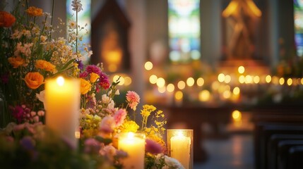 Burning candles illuminating colorful flowers in church interior