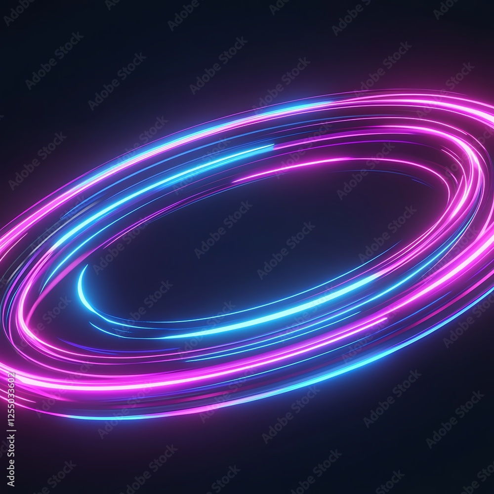 Poster neon light swirls abstract pattern in circular motion generative art technology design backdrop