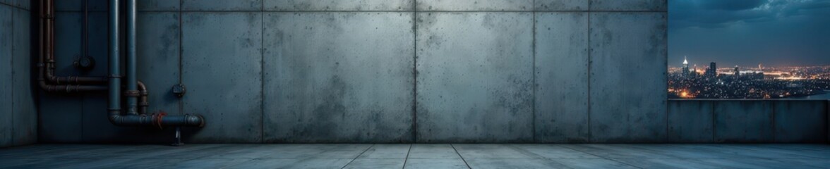 Gray concrete wall with industrial pipes and machinery on the left, dimly lit cityscape in the background, cityscape, urban landscape