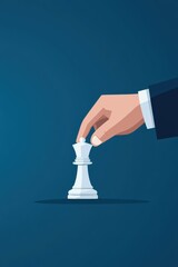 A hand in a business suit delicately moves a white chess queen piece on a deep blue backdrop, highlighting focus and strategic thinking in a game