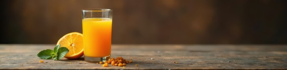 Fototapeta premium Half-full glass of orange juice on a rustic table, still life, light