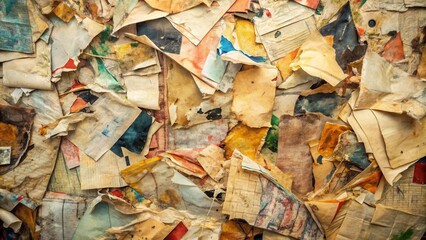 A chaotic jumble of aged, disintegrating paper fragments exhibiting a rich tapestry of faded colors and textures, hinting at forgotten stories and bygone eras.