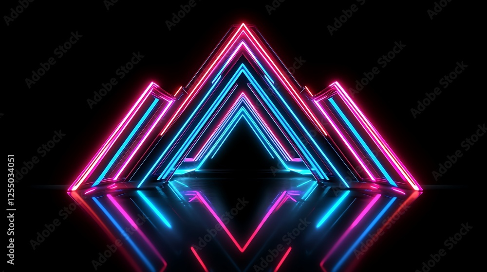 Poster neon triangle tunnel geometric abstract background with reflections in dark tone design