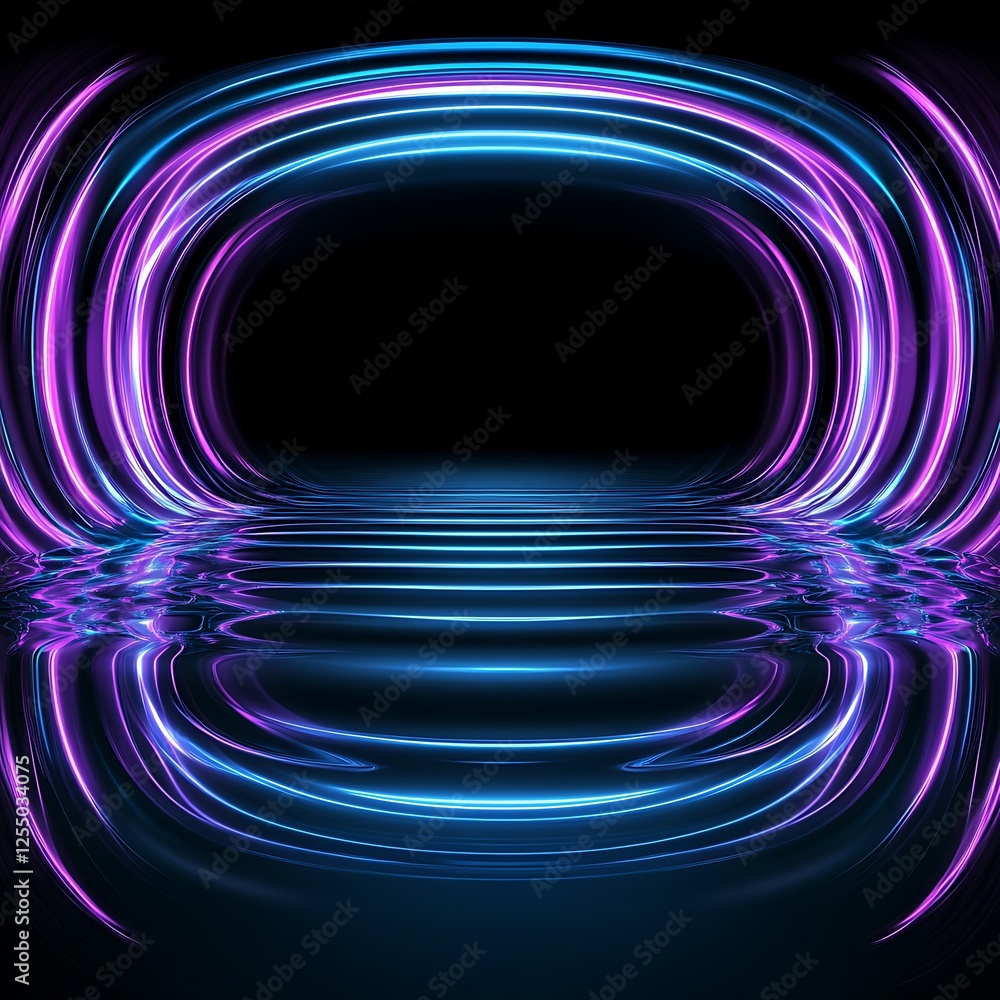 Poster neon tunnel with water reflection abstract geometric art for modern design with dark backdrop