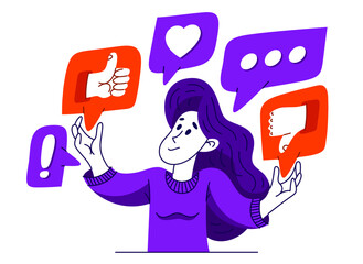 Young woman is choosing between different reactions in social media, vector illustration of a person in doubt between different responses when communicating online.