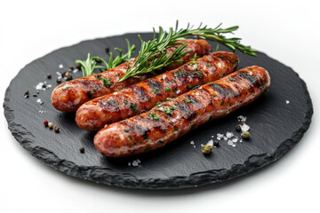 Grilled sausages with herbs and seasoning on a slate plate, garnished with rosemary