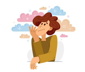 Young man thinking and solving some problem, vector illustration of a guy having doubts and ideas, analyzing or dreaming.
