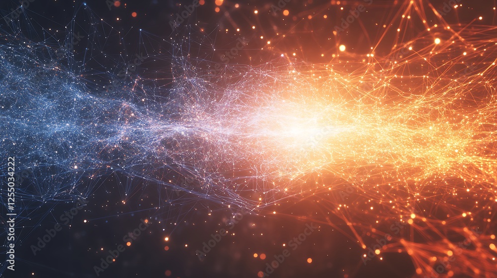 Poster network connection convergence of blue and orange digital data flow in cyberspace