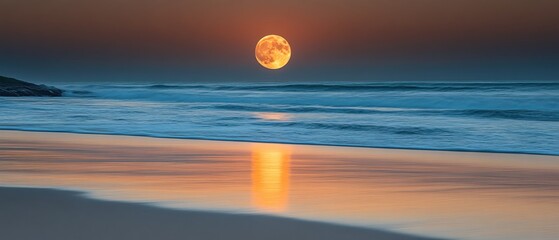 Obraz premium Serene Beach Scene with a Glowing Full Moon Reflecting on the Water at Twilight Hour