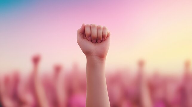 Participants gather at dusk, raising their fists in solidarity during a protest advocating for social justice and equality. The vibrant sky sets a powerful backdrop for the movement