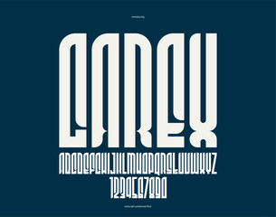 Condensed simple sans serif elegant display font for logos headers or slogans, vector tall and beautiful geometric typeface, uppercase letters alphabet with numbers, poster and advertising.