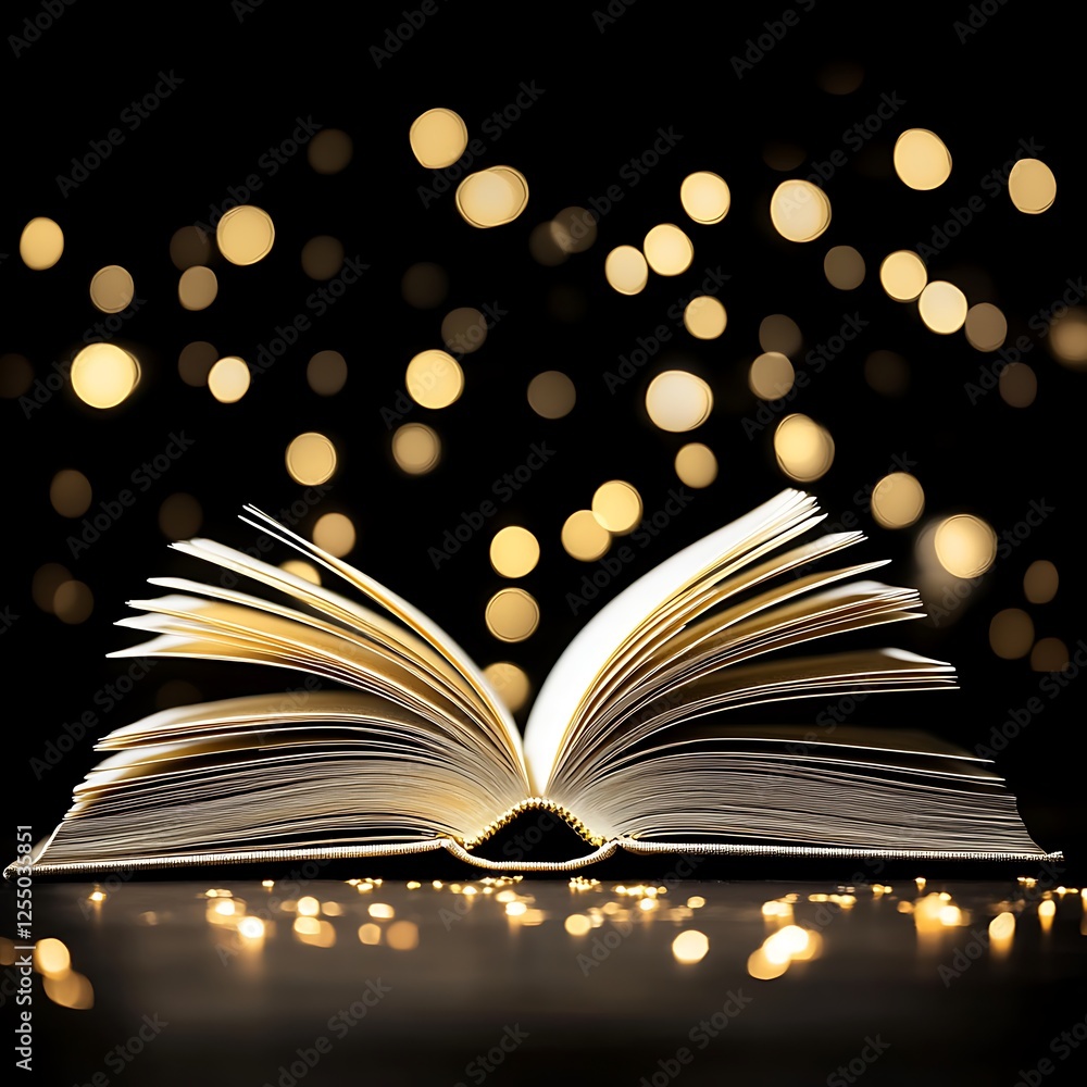 Poster open book illuminated by golden bokeh lights a gateway to knowledge and imagination narrative