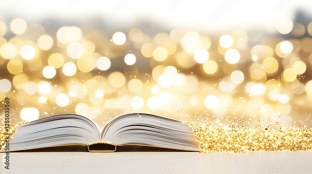 Poster open book illuminated by festive gold bokeh lights creating a warm reading atmosphere