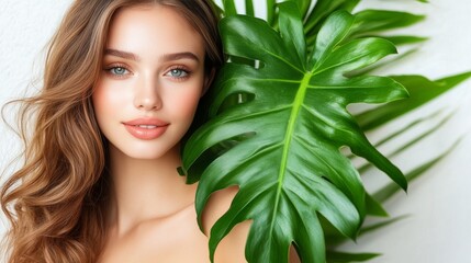Fototapeta premium Beautiful Young Woman with Flawless Skin Posing with a Vibrant Monstera Leaf, Beauty Concept