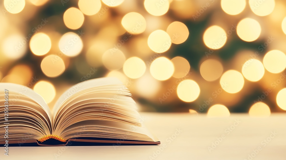 Poster open book on a table with festive bokeh lights in the background for relaxation and reading