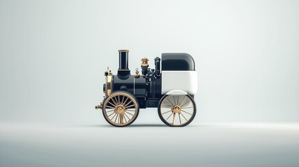 Fototapeta premium Minimalist black and white steam locomotive with golden accents on plain background. vintage transportation and retro design concepts
