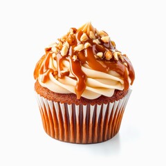 Caramel and nut cupcake isolated on white background.
