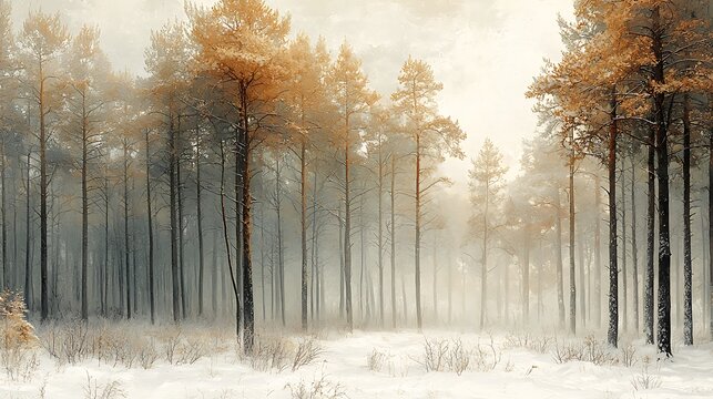 Abstract winter forest with soft white snow layers blending into tree silhouettes in muted green and brown tones