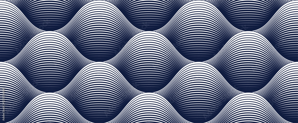 Poster wavy lines linear seamless pattern, water waves repeat abstract background, curve lines runny river 
