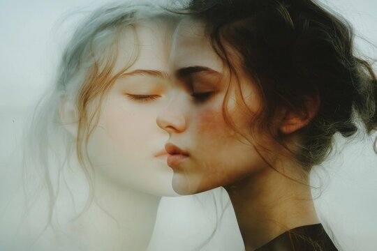 Two overlapping faces of women merge in a dreamy, artistic double exposure with a soft and ethereal glow.