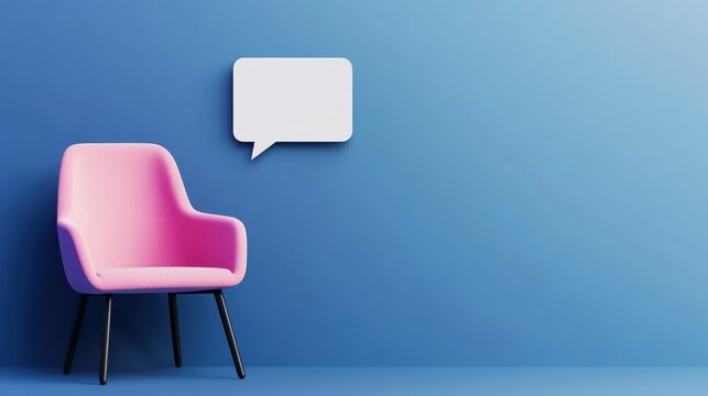 A vibrant pink chair is positioned against a striking blue wall, accompanied by a blank speech bubble, inviting creative thoughts and conversation in a modern environment
