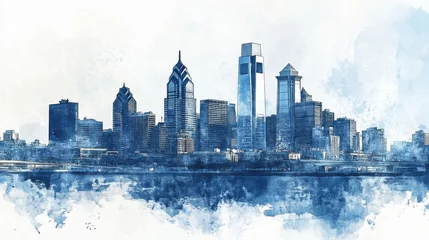 Papier peint photo intissé Philadelphia skyline in watercolor blue, minimalistic art, versatile for modern urban themes