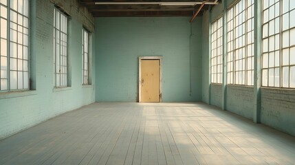 Fototapeta premium Empty Room, Central Door, Sunlight Industrial Space, Wooden Door, Shadow Play Large Windows, Empty Room, Natural Light Converted Warehouse, Central Door, Sunbeam Minimalist Room,