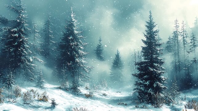 Abstract winter forest with soft white snow layers blending into tree silhouettes in muted green and brown tones