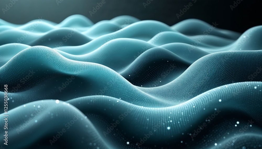 Poster abstract teal wave surface with glittering particles and gradient light