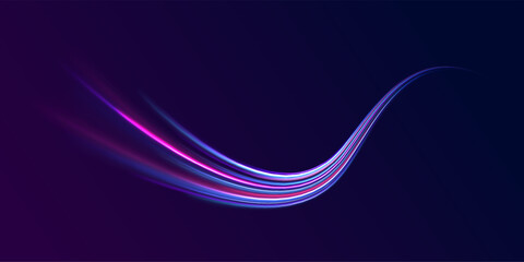 Lines in the shape of a comet against a dark background. Illustration of high speed concept. Motion light effect for banners. Fast speed car. Curved light trail stretched upward.