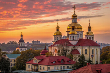 Sunrise over golden-domed Ukrainian church with vibrant sky
