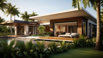 modern home with palm trees