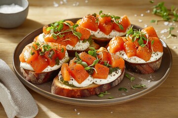 Generative AI,Rustic melon and mozzarella bruschetta with fresh basil pesto on toasted sourdough