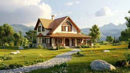 Fototapeta premium Excellent 3D rendering of a farm-style house with a barn and wide verandas