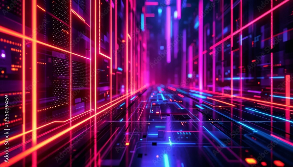 Aufkleber abstract technological grid with neon lights and network communication