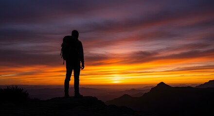 Silhouette Hiker Enjoying Epic Sunset Mountain View with Backpacking Gear
