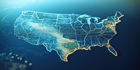 A digital outline of the U.S. with detailed state boundaries and geographical features.