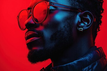 Stylish black man wearing sunglasses posing under red and blue lights