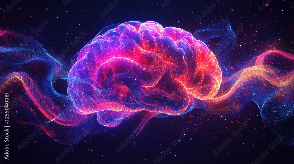 Fototapete Digital brain design showcasing glowing circuits and flowing wires in a vibrant abstract representation of intelligence. Generative AI
