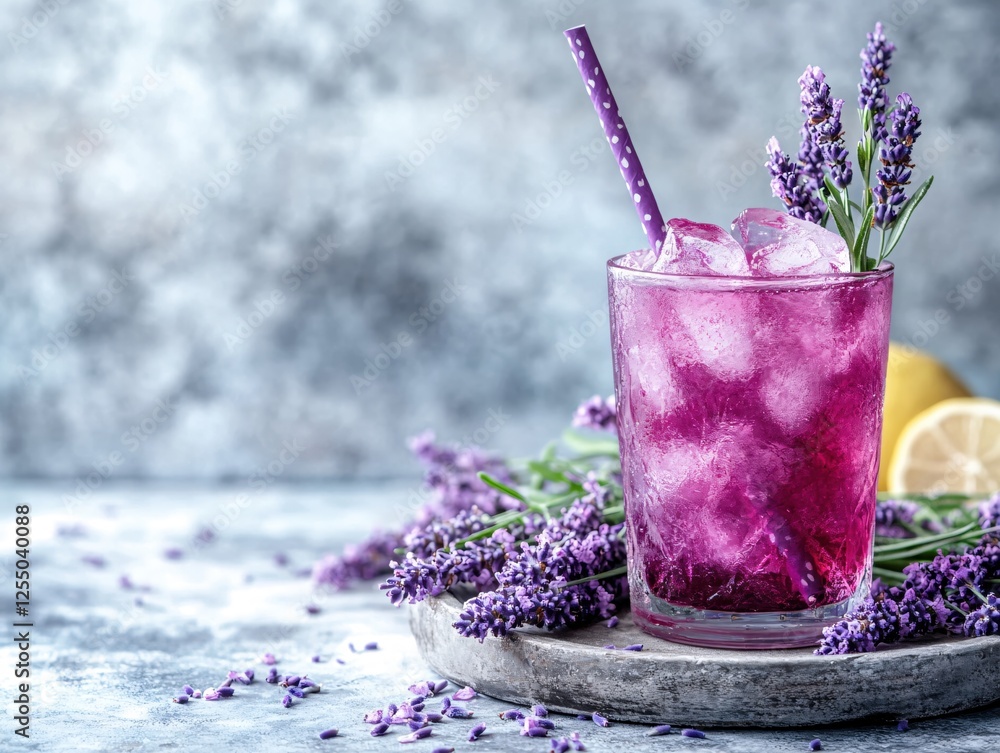 Poster refreshing lavender lemonade with ice cubes and a straw on a rustic tray