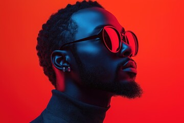 Stylish man wearing sunglasses posing on red background