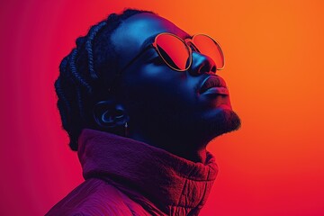 Stylish model posing with sunglasses and gradient background