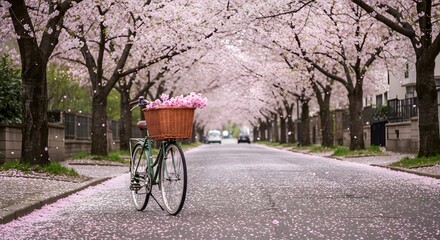 Fototapeta premium Bike with Flowers Beneath Blooming Cherry Blossom Trees on City Street