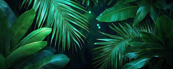 Fototapeta premium Glow forest idea. Lush tropical leaves creating a serene and vibrant atmosphere in nature.