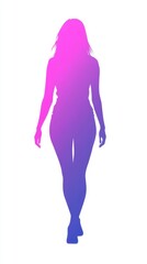 A silhouette of a woman is depicted walking confidently, showcasing an elegant posture. The background features a dynamic gradient of pink and blue hues, emphasizing a contemporary artistic flair