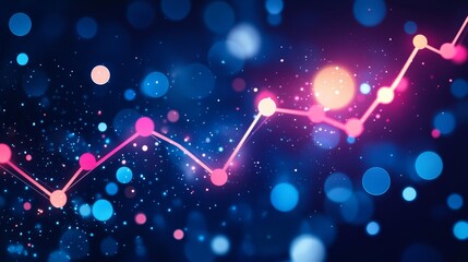Abstract Financial Chart. Upward Trend Line Graph with Glowing Dots on Blue Background.
