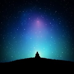 Person Contemplating the Starry Night Sky on a Hill Silhouette in Peace and Serenity Scene