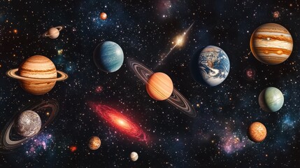 A vibrant cosmic scene featuring planets amidst colorful nebulas and galaxies, perfect for science fiction themes and space imagery.