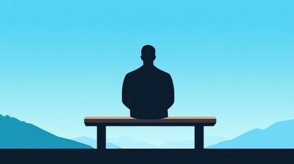 A solitary figure is seated on a bench with a backdrop of majestic mountains under a vibrant blue sky. The calm setting evokes a sense of tranquility and reflection